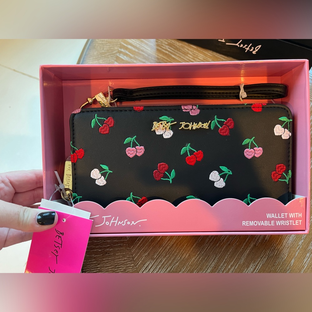 Betsey Johnson Black Wristlet Wallet with Cherry Embroidery with gift box
